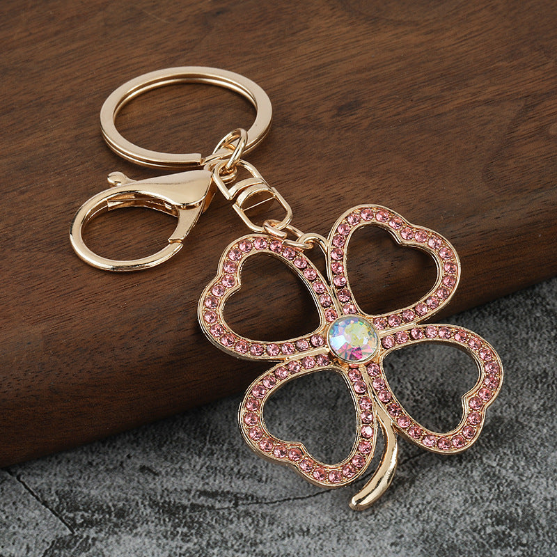 Green Four Leaf Clover Rhinestone Keychain for Women's Bag Charm