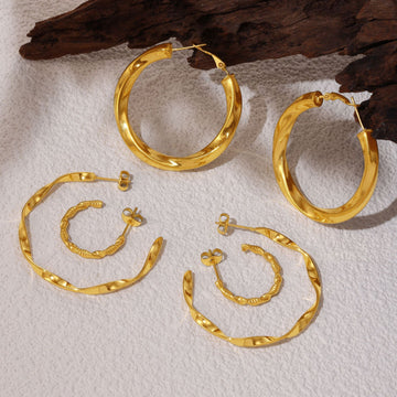 Twisted C Shape Hoop Earrings Gold Steel Three Styles