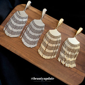 Layered Metal Fan Earrings with Chain Fringe and Teardrop Stud