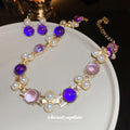 Purple Cabochon And Pearl Like Necklace And Earrings In Gold Tone view 3