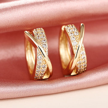 Crossed Hoop Earrings with Clear Stones in Two Tones