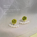Green Rose And White Pearl Curve Convertible Two Way Stud Earrings view 3