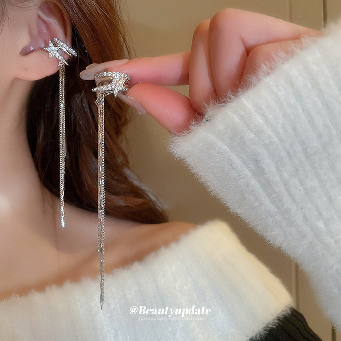 Silver Tone Crystal Star Ear Cuffs With Chain Tassels