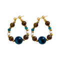 Blue and Brown Beaded Hoop Drop Earrings with Metal Tone Details view 5