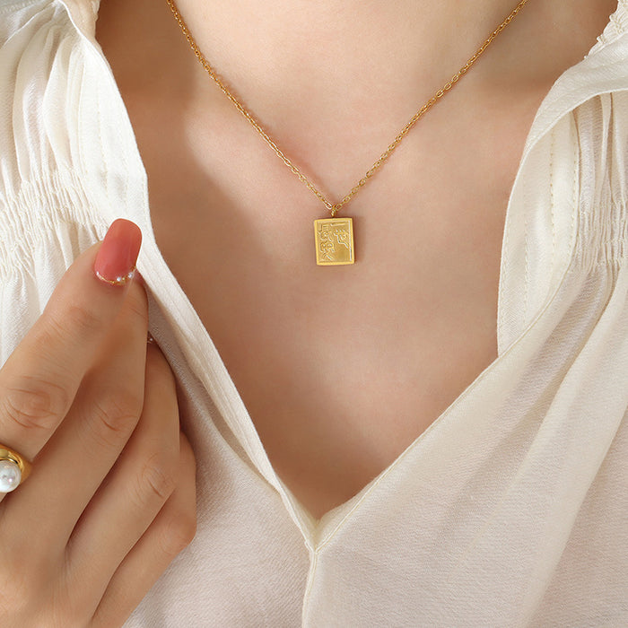 Square Gold Pendant Necklace Embossed Chinese Script Design