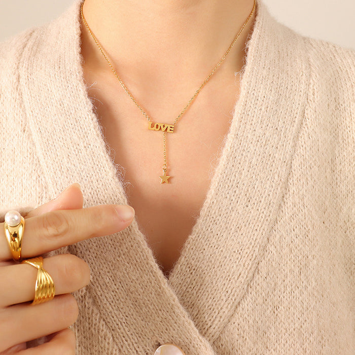 Love Letter Bar Star Drop Pendant Necklace Gold Steel Tone