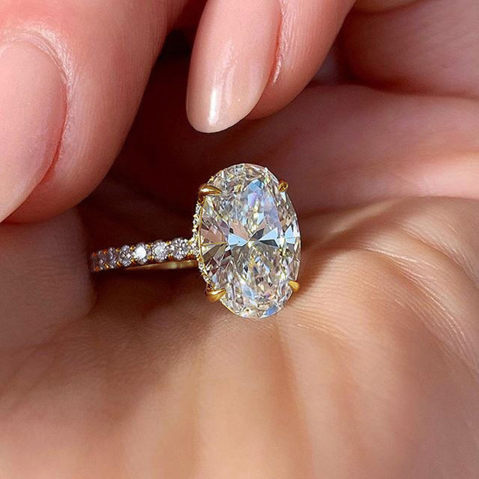 Oval Solitaire Pave Band Ring In Silver And Gold-Tone Finishes