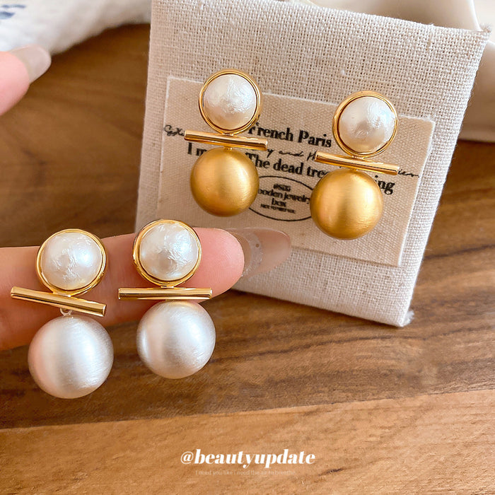 Gold Tone Double Ball Stud Earrings With Pearl Tops