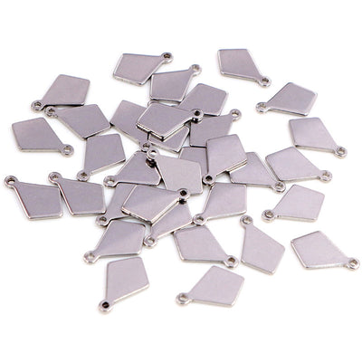 Steel Tone Polished Diamond Shape Mini Charm Pendant, grouped overview on a plain background