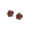 Wine Red Enamel Camellia Flower Stud Earrings Gold Tone Rim view 5