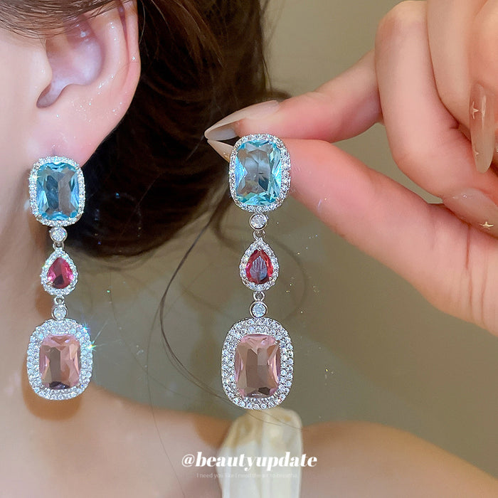 Pastel Geometric Crystal Drop Earrings in Polished Statement Design