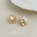Gold Tone Rectangular Floral Frame And Irregular White Pearl Stud Earrings view 4