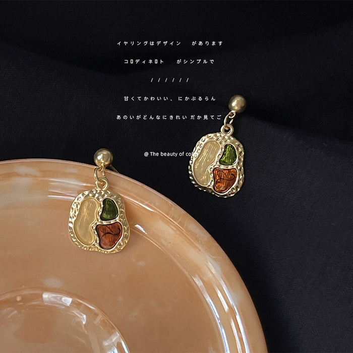 Matte Gold Abstract Enamel Art Panel Drop Earrings Pair