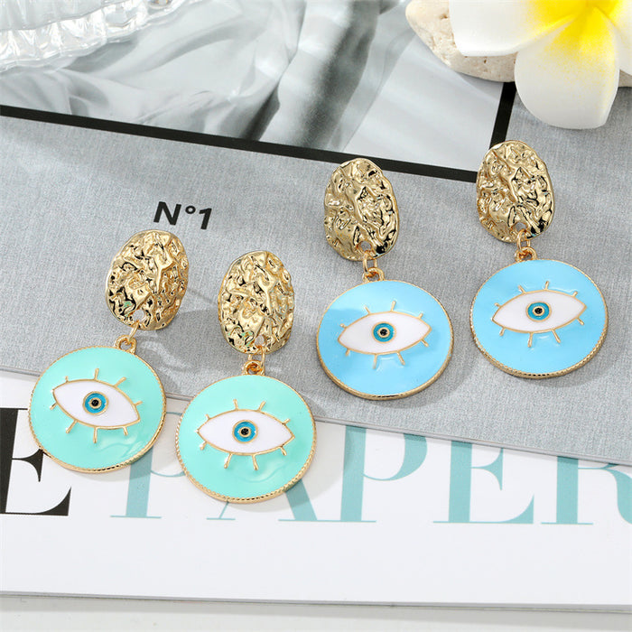 Gold Tone Textured Oval Blue Evil Eye Drop Earrings