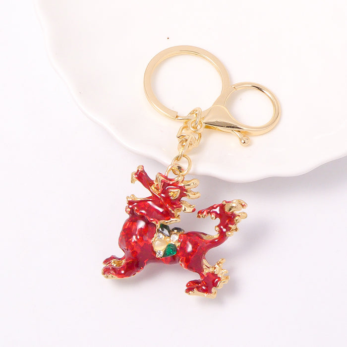 Red Blue Enamel Qilin Keychain Gold Clasp Crystal Accents