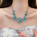Blue Floral Cluster Statement Necklace in Silver Tone view 1