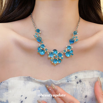 Blue Floral Cluster Statement Necklace in Silver Tone