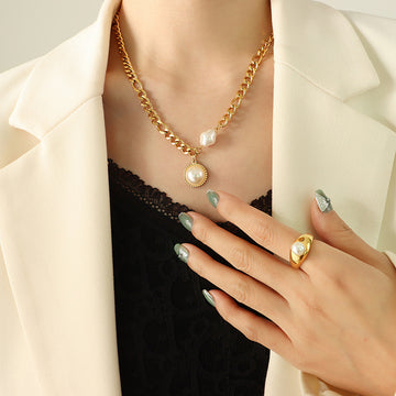 Gold Curb Chain Pearl Pendant Necklace Round Bezel Drop