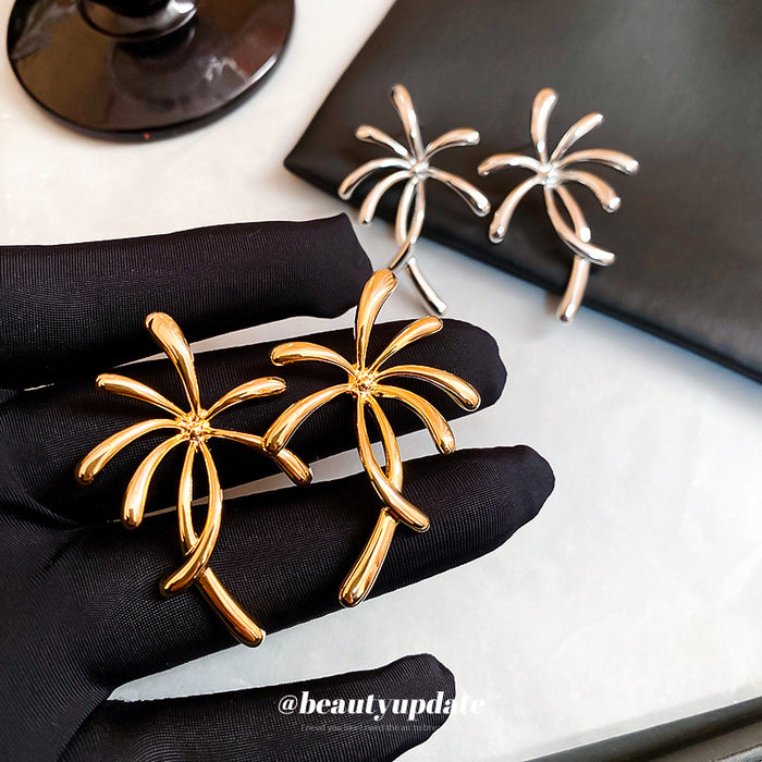 Gold Tone Palm Tree Statement Stud Earrings for Women
