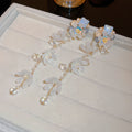 White Floral Pearl Leaf Tassel Earrings Polished Metal Jewelry view 6