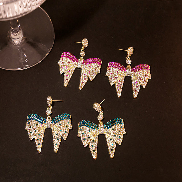 Gold Tone Crystal Pave Bow Drop Earrings Clear Colored Stones