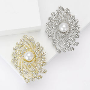 Pearl Rhinestone Firework Swirl Brooch Gold Silver Tone Pin