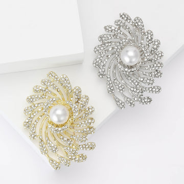 Pearl Rhinestone Firework Swirl Brooch Gold Silver Tone Pin