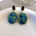 Blue Green Swirl Textured Disc Dangle Statement Earrings view 6