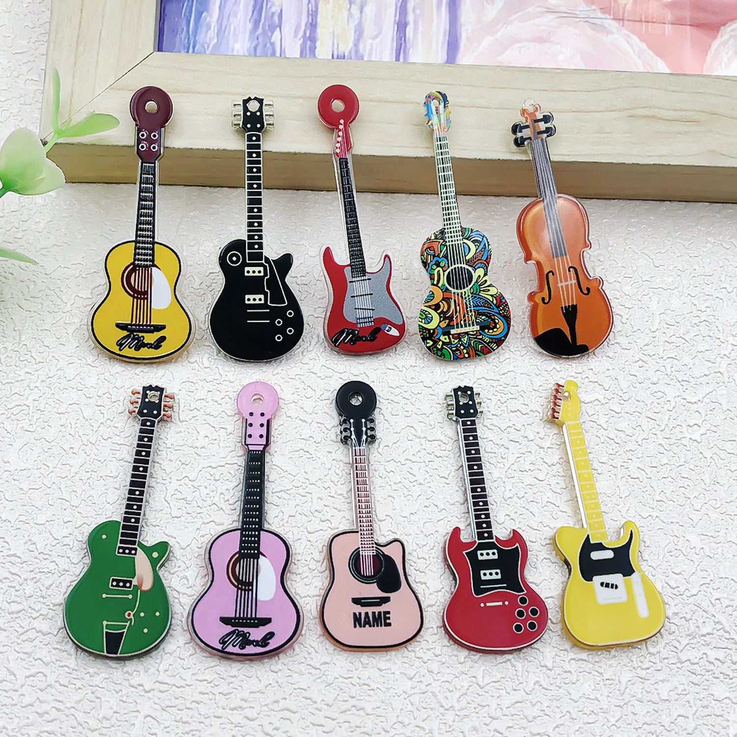 Acrylic Double Sided Vintage Guitar Charm Pendant for DIY Necklace Keychain