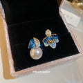 Blue Enamel Flower Stud Earrings With Pearl Drops Statement Pair view 4