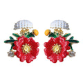 White Pearl Like Top Red Flower Green Leaf Stud Earrings view 5