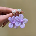 Purple Fabric Flower Drop Earrings With Pearl Heart Tops view 6