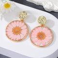 Gold Tone Round Resin Pressed Flower Drop Stud Earrings in Five Colors view 10