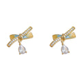 Gold Tone Clear Stone Ribbon Bow And Teardrop Stud Earrings view 5