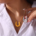 U-Shape Horseshoe Pendant Necklace And Hoop Earrings Gold Steel view 3
