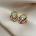 Green Enamel Crystal Pearl Stud Earrings Fashion Jewelry view 4