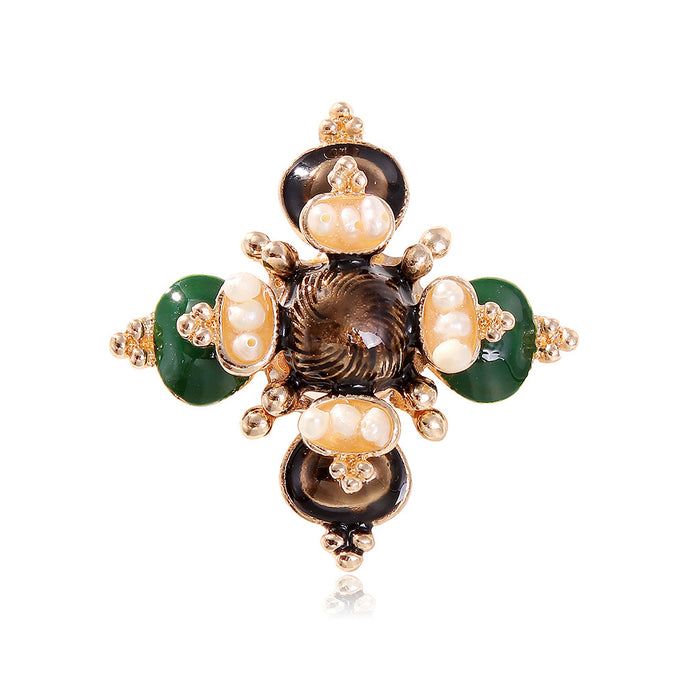 Green Gold Tone Cross Enamel Pearl Look Metal Brooch Pin