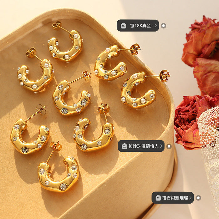 Chunky C-Hoop Earrings Faux Pearl Zircon Gold Steel