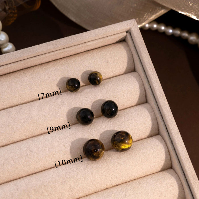 Brown Tiger Eye Look Round Stud Earrings in Two Sizes