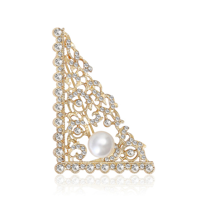Rhinestone Triangle Pearl Brooch Filigree Corner Pin