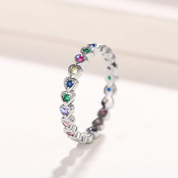 Multicolor Heart Stone Eternity Band In Silver Tone