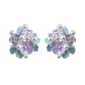 Gold Tone Pastel Blue Purple Flower And Pearl Cluster Stud Earrings view 5