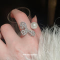 Silver Tone Crystal Bow And Pearl Like Asymmetrical Open Ring view 1
