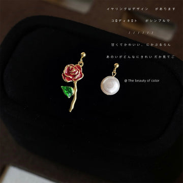 Asymmetric Red Enamel Rose Pearl Drop Earrings Gold