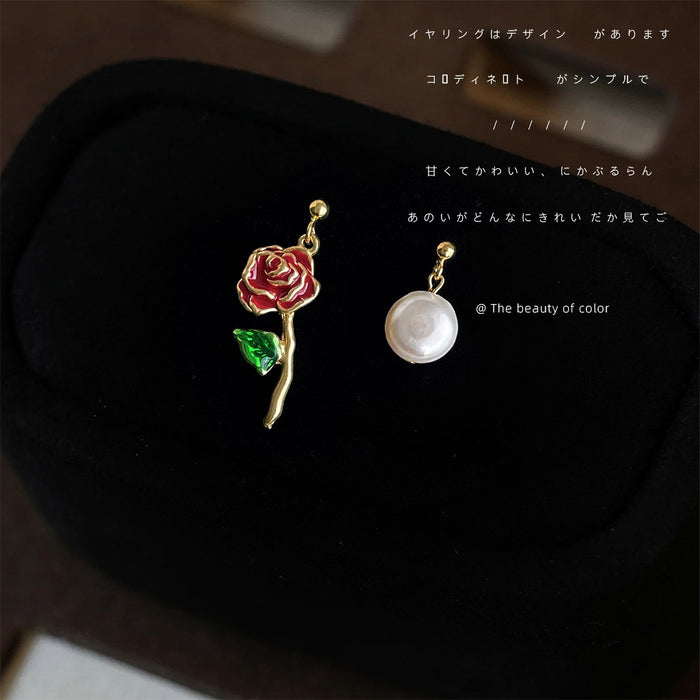 Asymmetric Red Enamel Rose Pearl Drop Earrings Gold