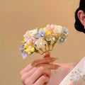 Multicolor Fabric Flower Double Prong Gold Hair Comb Pin view 2