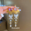 Purple Crystal Pearl Chain Chandelier Earrings in Gold Tone view 2