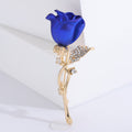 Enamel Rose Bud Brooch Gold Stem Rhinestone Leaf Blue Red view 2