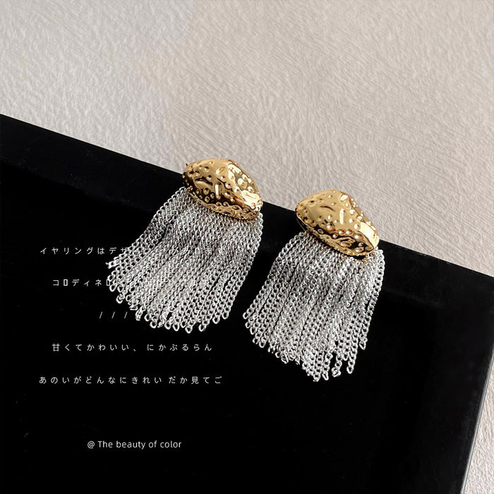 Gold Tone Hammered Top Silver Chain Fringe Stud Earrings