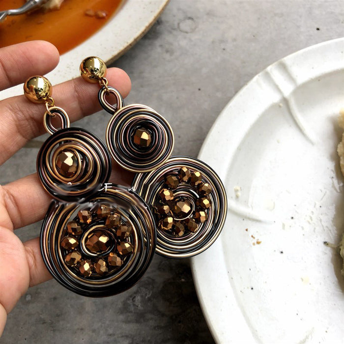 Brown Cord Woven Circle Statement Stud Earrings With Metal Details